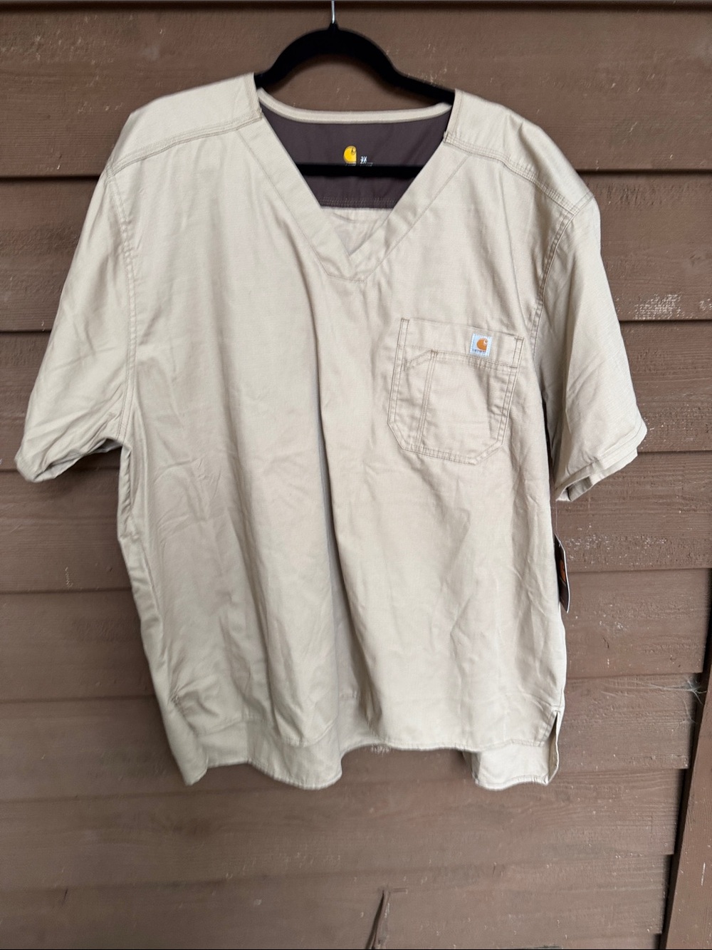 Carhartt Short Sleeve Scrub V-Neck Pocket Shirt in Khaki size 2X